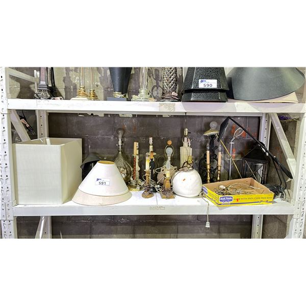 SHELF OF ASSORTED LAMPS WITH SOME SHADES