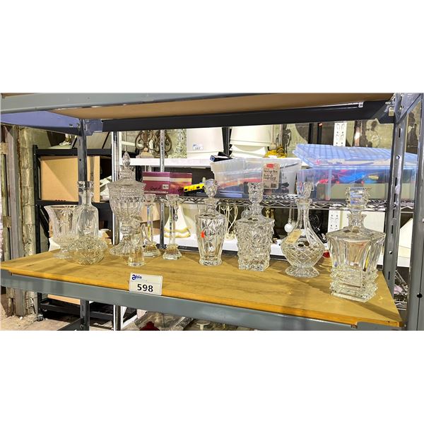 SHELF OF GLASS DECANTERS & MORE