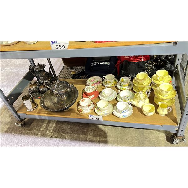 SHELF OF ASSORTED TEA POTS, TEACUPS & MORE
