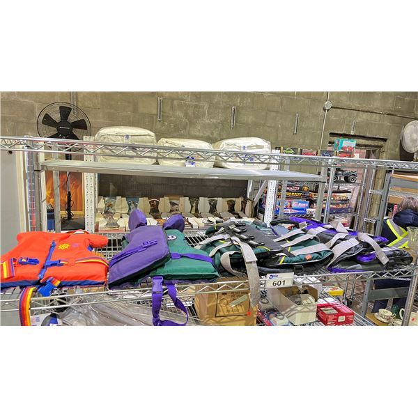 SHELF OF ASSORTED LIFE JACKETS
