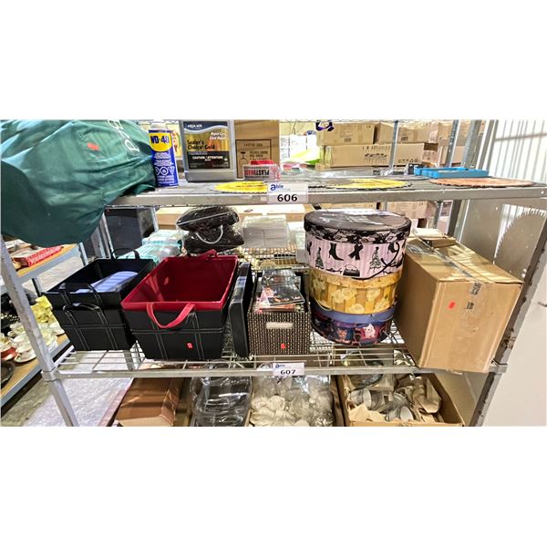 SHELF OF ASSORTED STORAGE BASKETS, BOX OF CD'S & MORE