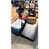 Image 1 : PALLET OF LARGE ROUND STORAGE BINS, COLLAPSIBLE DESK, COLEMAN COOLER, BOX OF PROTECTIVE CASES &