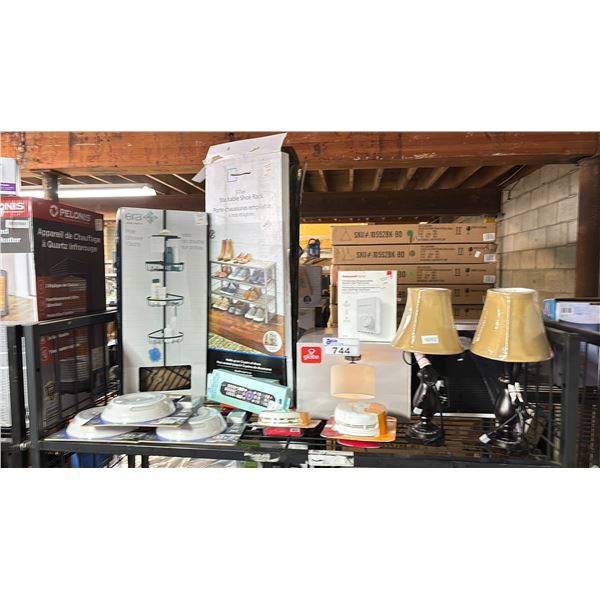 POLE SHOWER CADDY, 3 TIER STACKABLE SHOE RACK, CEILING LIGHTS, SMOKE ALARMS, LAMPS & MORE