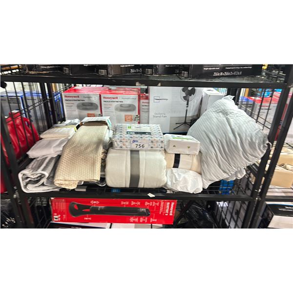 SHELF OF ASSORTED BEDDING, SHEETS, PILLOW, CURTAIN PANELS & MORE