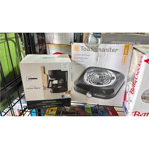 PUREGUARDIAN HUMIDIFIER, BETTY CROCKER 7 SPEED STAND MIXER, TOASTMASTER ELECTRIC SINGLE BURNER & A