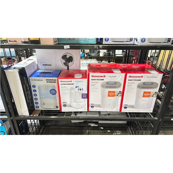 SHELF OF ASSORTED HUMIDIFIERS & OSCILLATING FANS