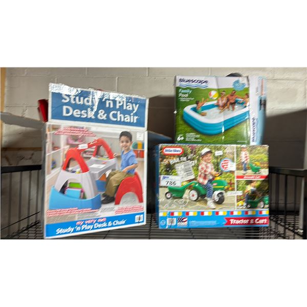 STUDY N' PLAY DESK & CHAIR, LITTLE TIKES TRACTOR + CART & A BLUESCAPE FAMILY POOL