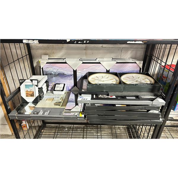 SHELF OF ASSORTED PICTURE FRAMES & WALL CLOCKS