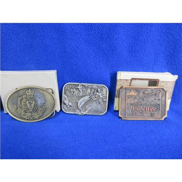 3 Belt Buckles - NWMP, Pilsner Beer, Fisherman