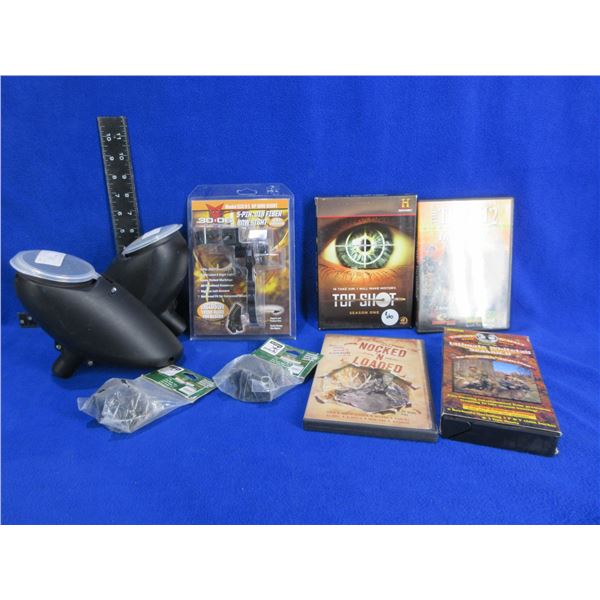 Lot of Misc. - Bow Sight, 2 Hoppers, 1" Rings, 4 DVD's