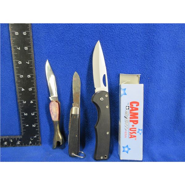 3 Folding Blade Knives - Camp Knife, Brass Leg and 2 Blade