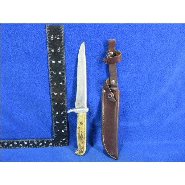 Vintage Fixed Blade Knife with Stag Handle and Sheath
