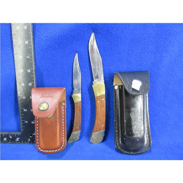 2 Folding Lock Blade Knives with Leather Sheaths