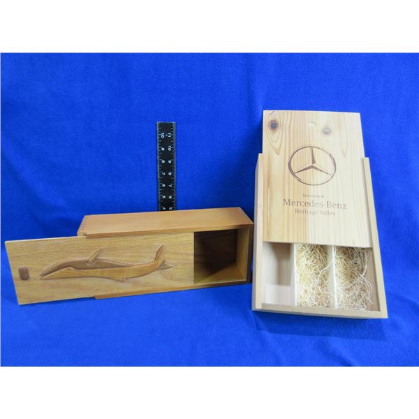 2 Wood Boxes with Sliding Lids - Mercedes and Unknown