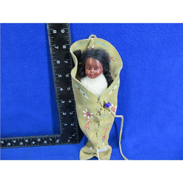Native American Doll in Buckskin Papoose Baby Carrier