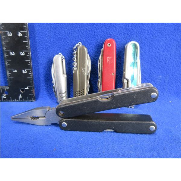 4 Swiss Army Style Folding Knives and a Multi-Tool Plier