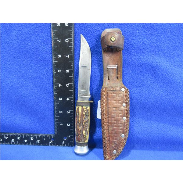 Fixed Blade Knife with Stag Handle and Leather Sheath