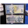 Image 1 : Bank of Canada 2 Uncirculated 5 Dollar Bills 1986 & 2002