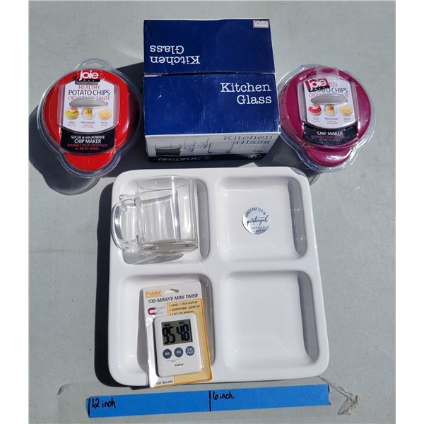 Kitchen Lot - 2x Joie Chip Makers; Timer; Aroroc Kitchen Glass Set + 1; Divider Dish
