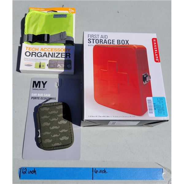 Storage Lot - Tech Organizer; My Tagalongs Ear Bud Case; Kikkerland First Aid Storage Box (metal)