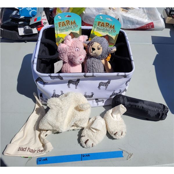 Misc Lot - Stroller Netting, Zebra Cloth Basket, Dog Toys, Baby Accessory Clothing