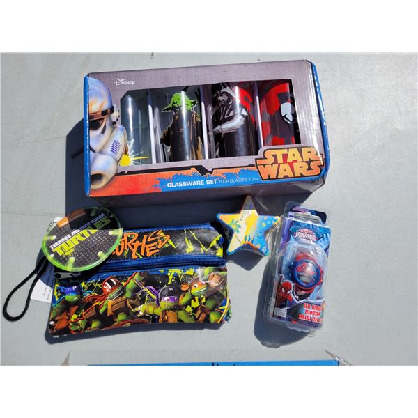 Boys Lot - Star Wars Glassware Set, Teenage Mutant Ninja Turtle Case, Spider-Man Watch +