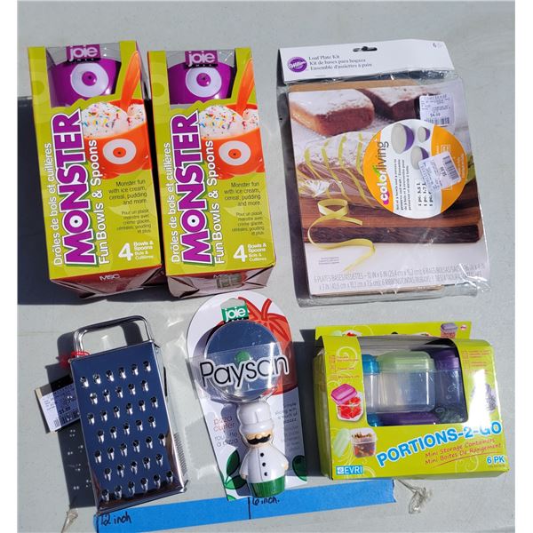 Kitchen Lot - Small Grater, 2x Monster 4 Pc Bowl Spoon Sets +