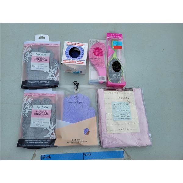 Womens Beaty Lot - Exfoiliating Gloves, Massage Ball,Hair Brushes,  Microfiber Hair Towel