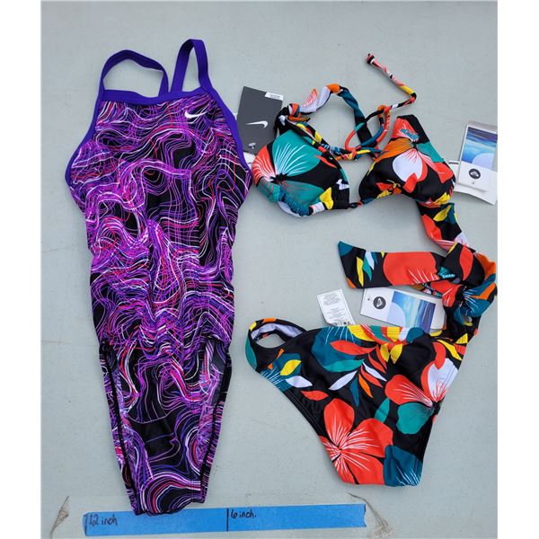 Girls Swimmers Lot - Nike One Piece Bathing Suit Sz 8, Roxy 2 Piece Bikini Sz Extra Small