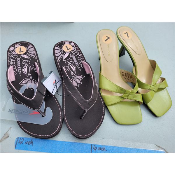 Lot of 2 Womens Shoes - Speedo Flip Flops Sz 7, Bandolino Sandal Heels, Sz 7