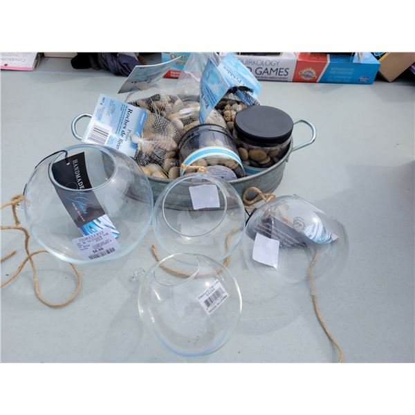 Home Decor Lot - Galvanized Tray, Lots of River Rocks Pebbles, 4x Terranium Glass Pots