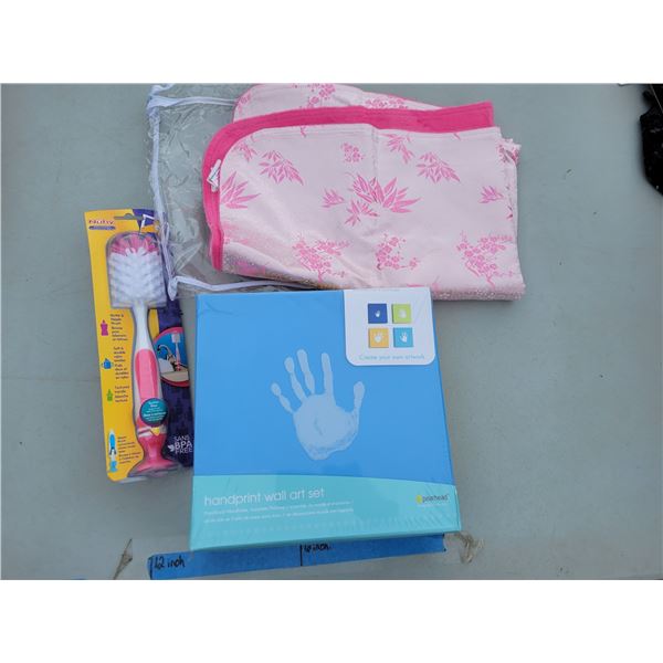 Baby Lot - Bottle Brush, Tadpoles Baby Blanket, Handprint Wall Art Set
