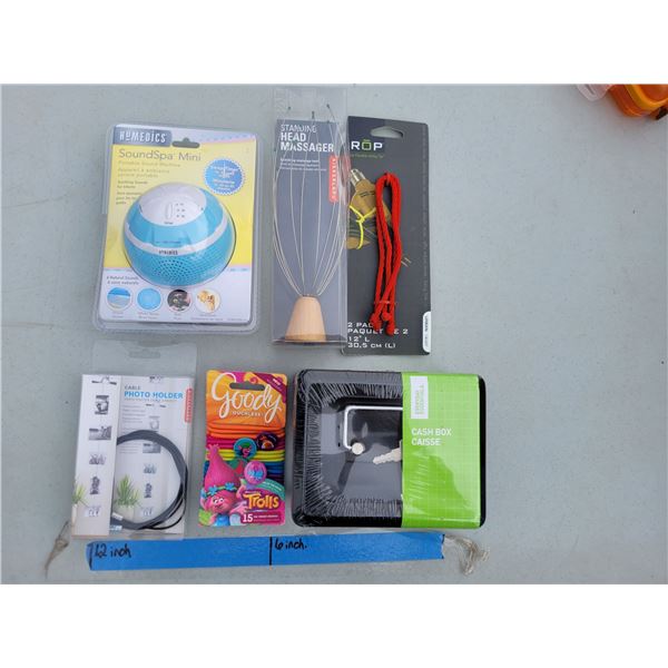 Misc Lot - Cash Box, Hair Scrunchies, Photo Holder SoundSpa Mini, Head Massager, Twist Rope Ties