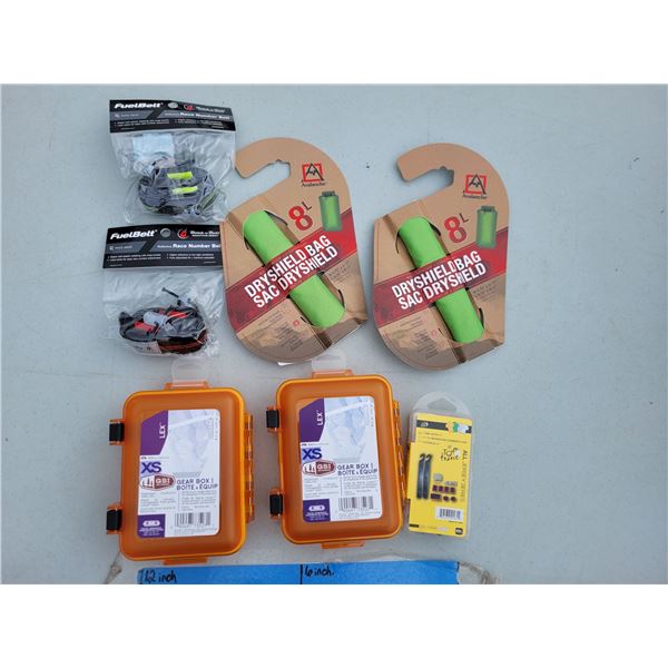 Outdoors Sports Lot- 2x Fuel Belt Race Number Belt, 2x Gear Box, Bike Patch Kit, 2x Dryshild Bag