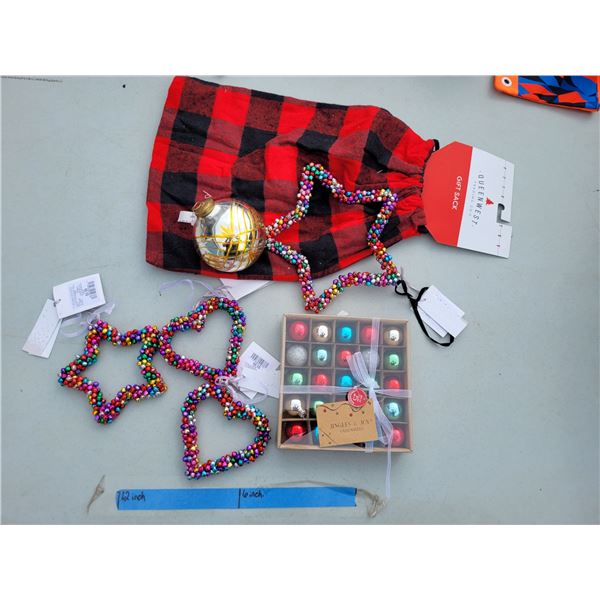 Holiday Lot - Christmas Ball, Box of Ornaments, 4 Jingle Decor, Gift Scak