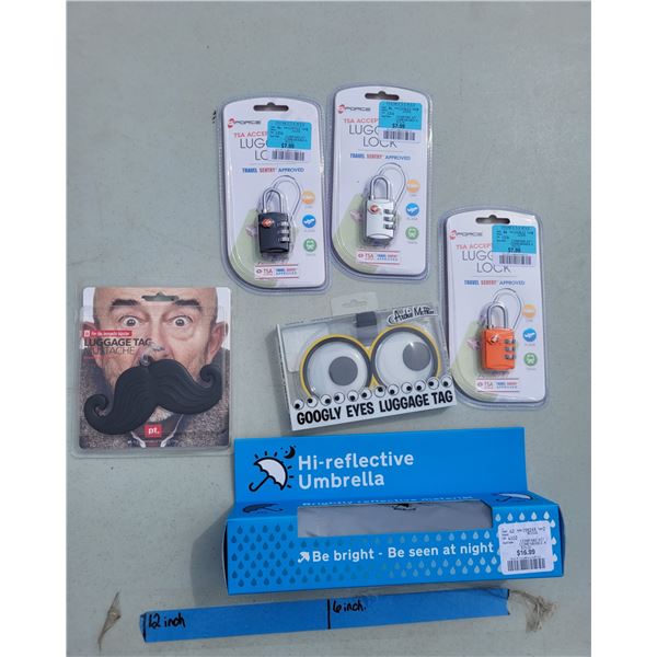 Travel Lot - Moustche Luggage Tas, 3x Luggage Locks, Googly Eye Luggage Tag, Hi-Reflective Umbrella