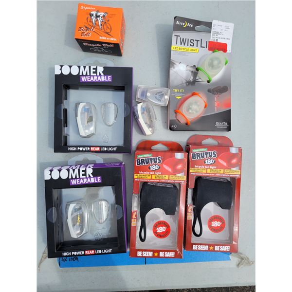 Biek Lot - Bicycle Bell, 2x Booomer Wearable LED Lights, 2x Brutus 180 LED Lights, +