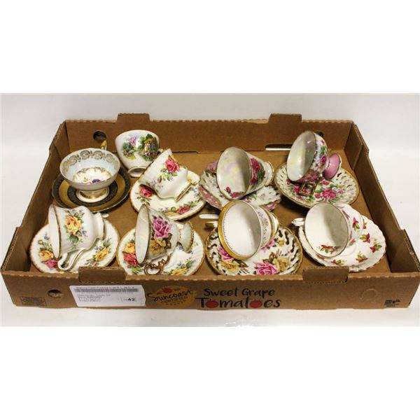 TRAY OF 8 ASSORTED TEA CUPS & SAUCERS