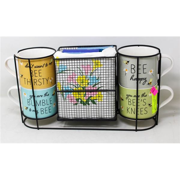 BEE MUGS BEVERAGE CADDY W/ NAPKINS &