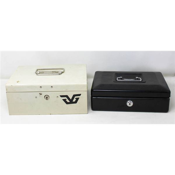 PAIR OF SMALL METAL CASH BOXES WITH TOP HANDLES