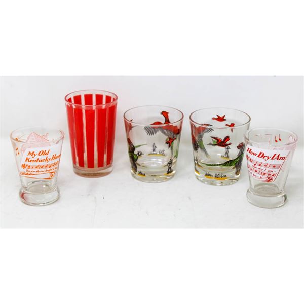 5 VINTAGE DRINK GLASSES - 2 PHEASANTS, 2 SONG