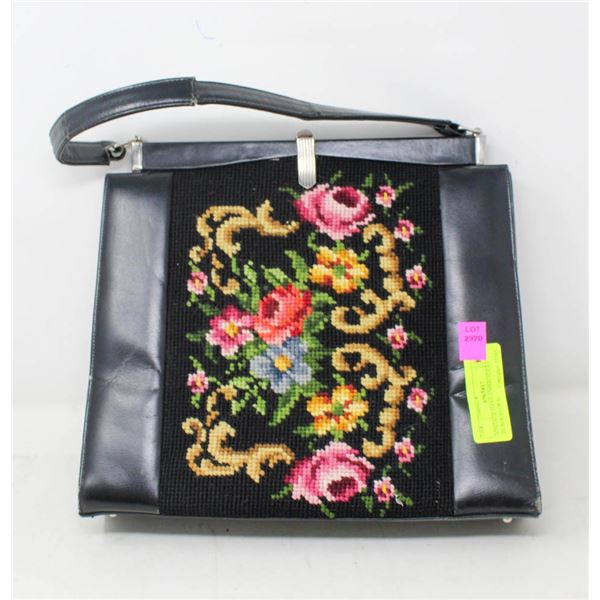 VINTAGE- CROSS STITCHED BLACK FLORAL HANDBAG/