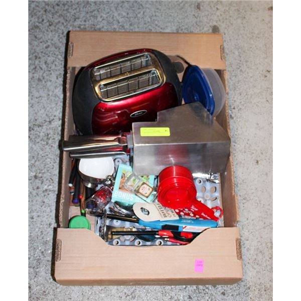 BOX OF KITCHENWARES; TOASTER/ KNIFE BLACK/ ETC