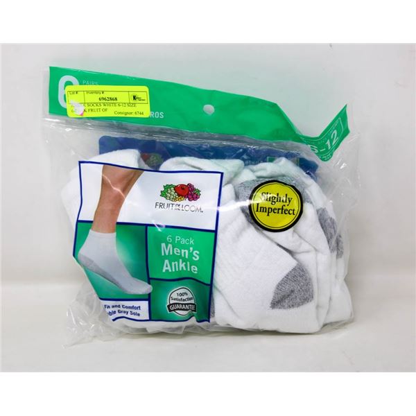 ANKLE SOCKS WHITE 6-12 SIZE 6-PACK FRUIT OF