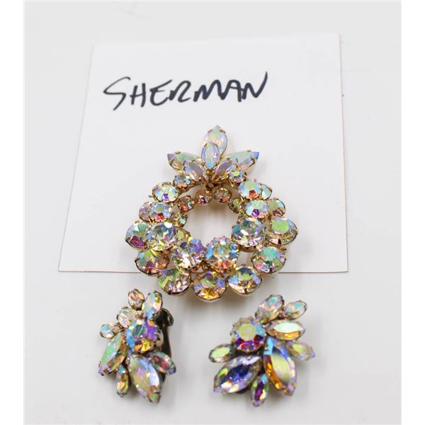 SHERMAN AURORA BOREALIS BROOCH & EAR RINGS