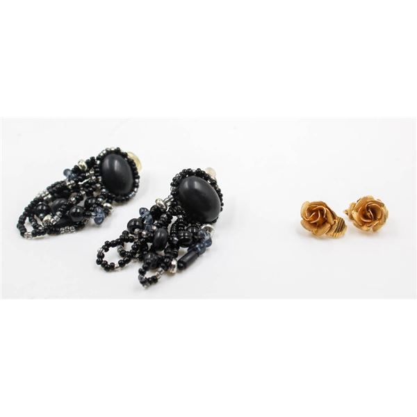 BLACK BEADED EAR RINGS , GOLD COLOURED ROSETTE