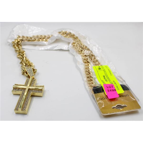 NEW LARGE DIAMOND LOOK GOLD TONE CROSS