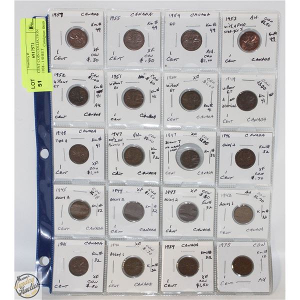 CDN CENT COIN COLLECTION 1957-1938 - 1 SHEET