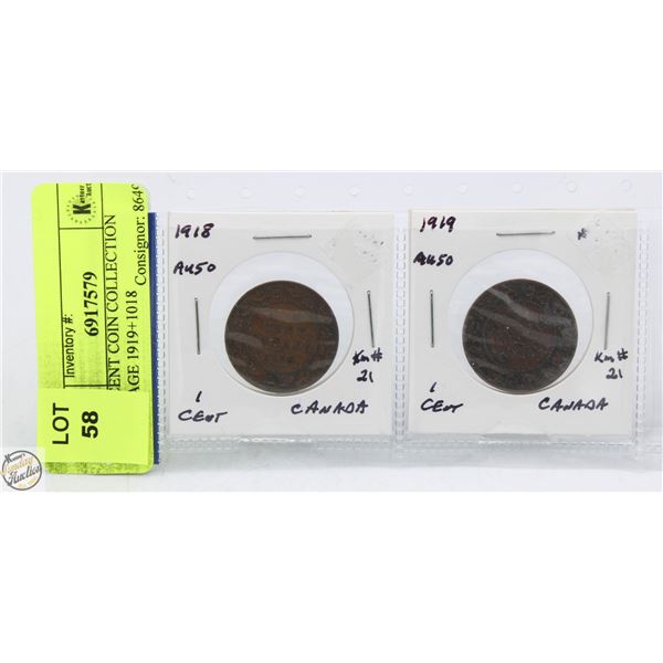 CDN CENT COIN COLLECTION VINTAGE 1919+1018