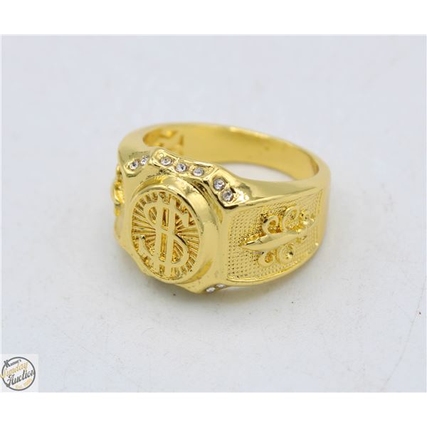 ORO LAMINADO MENS RING, GOLD TONE STYLE MONEY SIGN